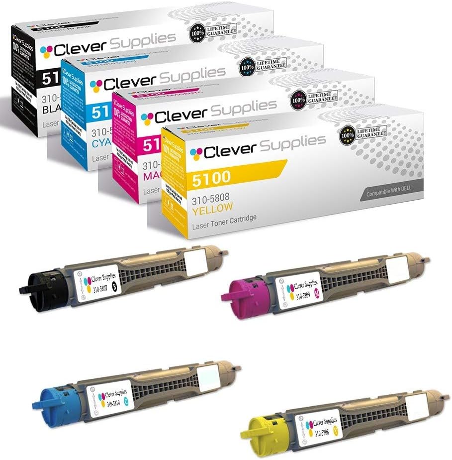 CS Replacement Toner Cartridge Compatible with Dell 5100 310-5807 Black 310-5810 Cyan 310-5809 Magenta 310-5808 Yellow Color 5100CN 4 Color Set