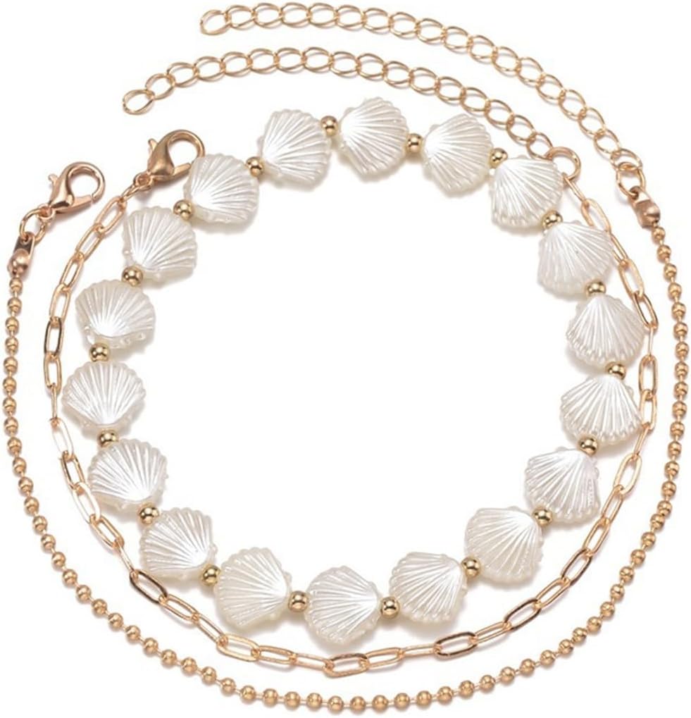 Shell Ankle Bracelet Set for Women,Boho Adjustable Beads Anklet Pack Natural White Shells Stack Stretch Seashell Pearl Starfish Bracelet Set Hawaiian Beach Vacation Foot Jewelry - Image 6