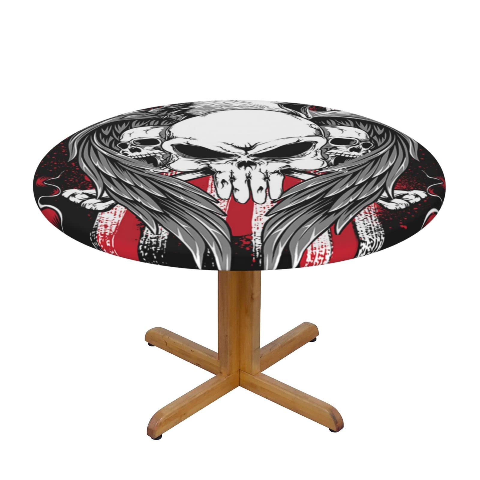 Lsjuee Round Fitted Tablecloth 45-50in Elastic Edged Table Cloth for Kitchen Dining Party Home Decor - Dark Skull America Eagle Banner
