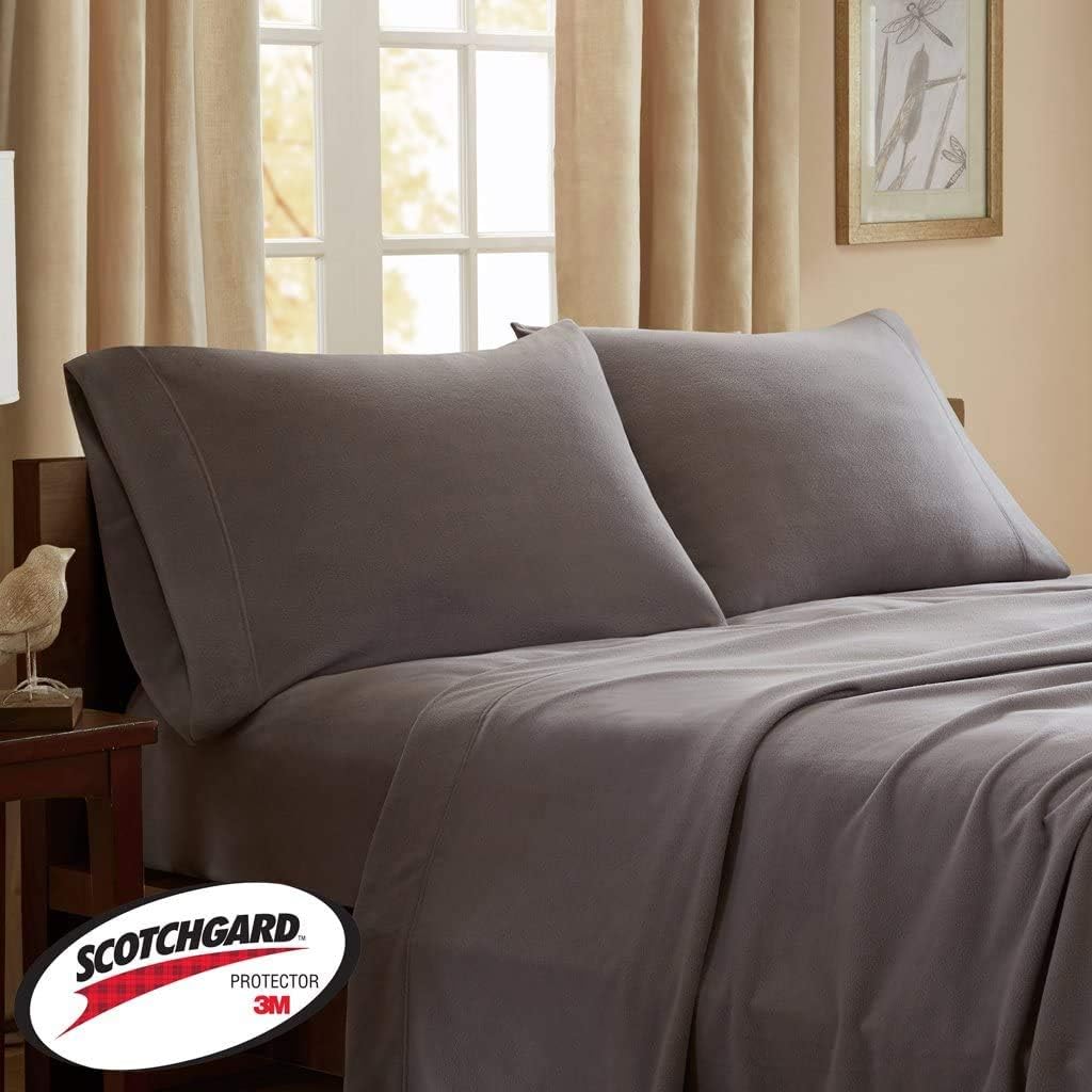 Peak Performance 3M Scotchgard Micro Fleece Bed Sheet Set Wrinkle and Stain Resistant, Soft Plush Sheets with 14" Deep Pocket, Cold Season Cozy Bedding-Set, Matching Pillow Case, Twin, Grey, 3 Piece
