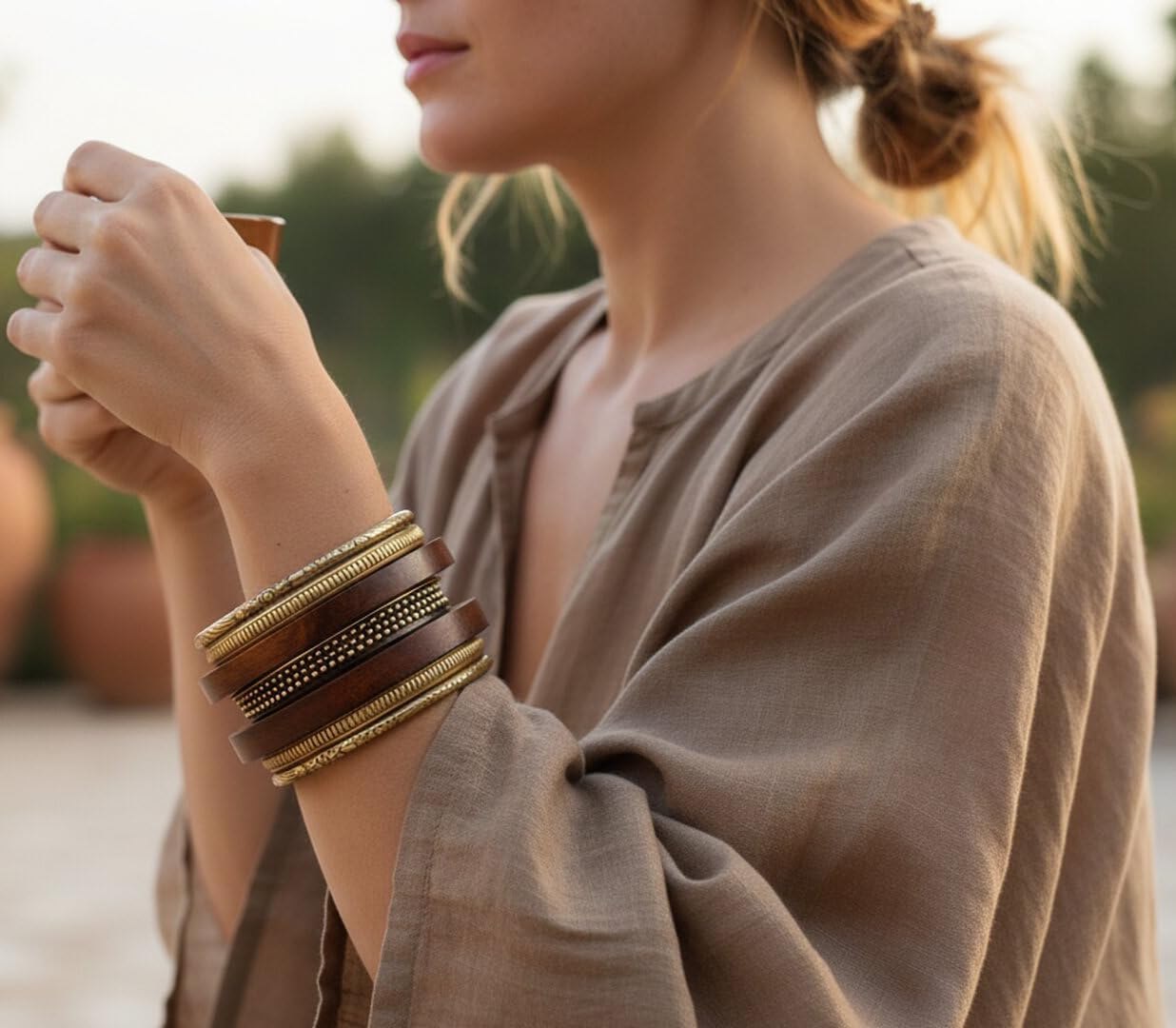 Touchstone wooden women wood jewelry african bangle bracelets gold bangles brown boho accessories chunky vacation brass statement natural rustic Indian bollywood handcrafted. Set of 7