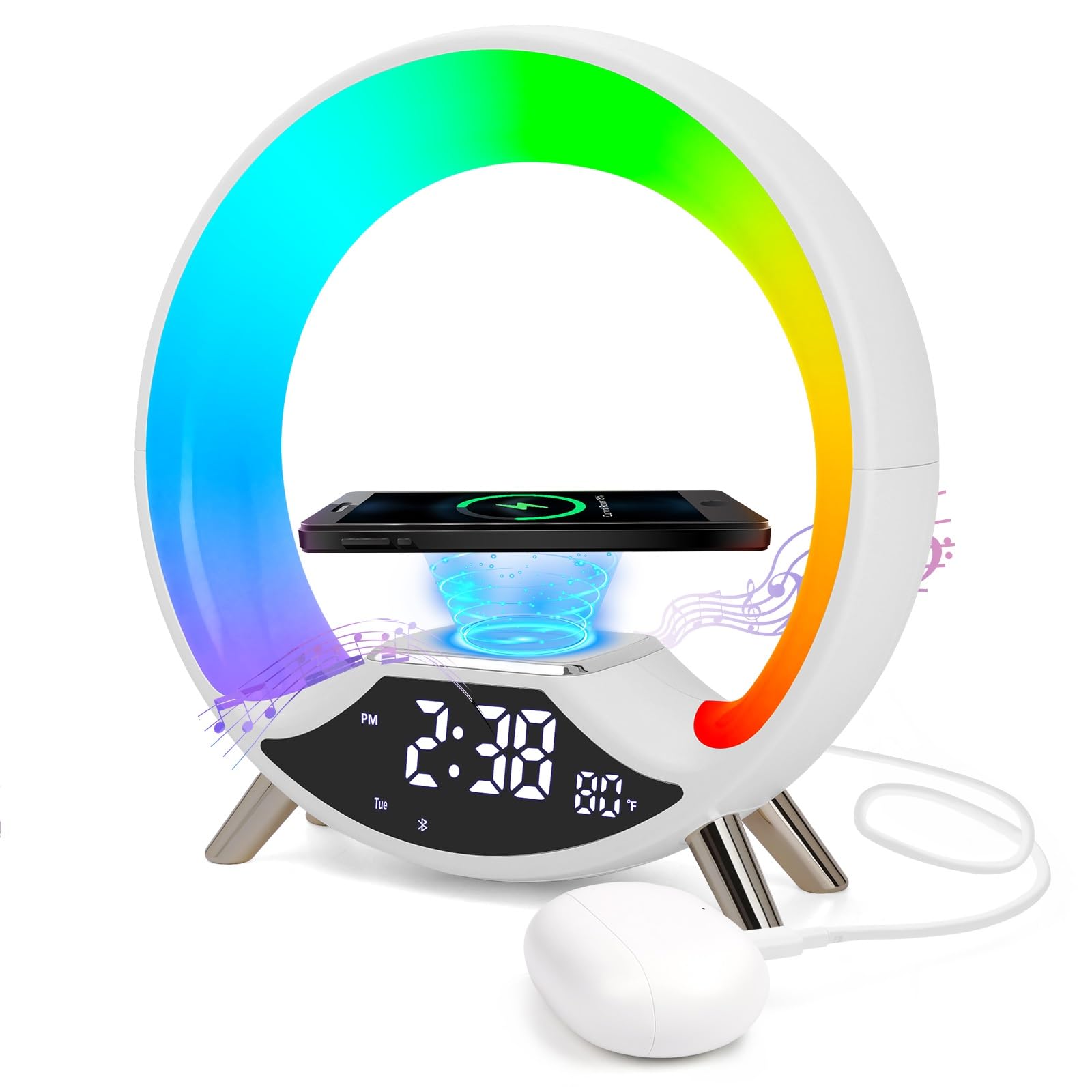 Cuteefun Despertador Luz Amanecer con Carga InaláMbrica 15W, Despertador Digital Inteligente con Altavoz Bluetooth, Doble Alarma, Radio FM, Más de 10 Colores de Luz Nocturna Ajustable, Blanco