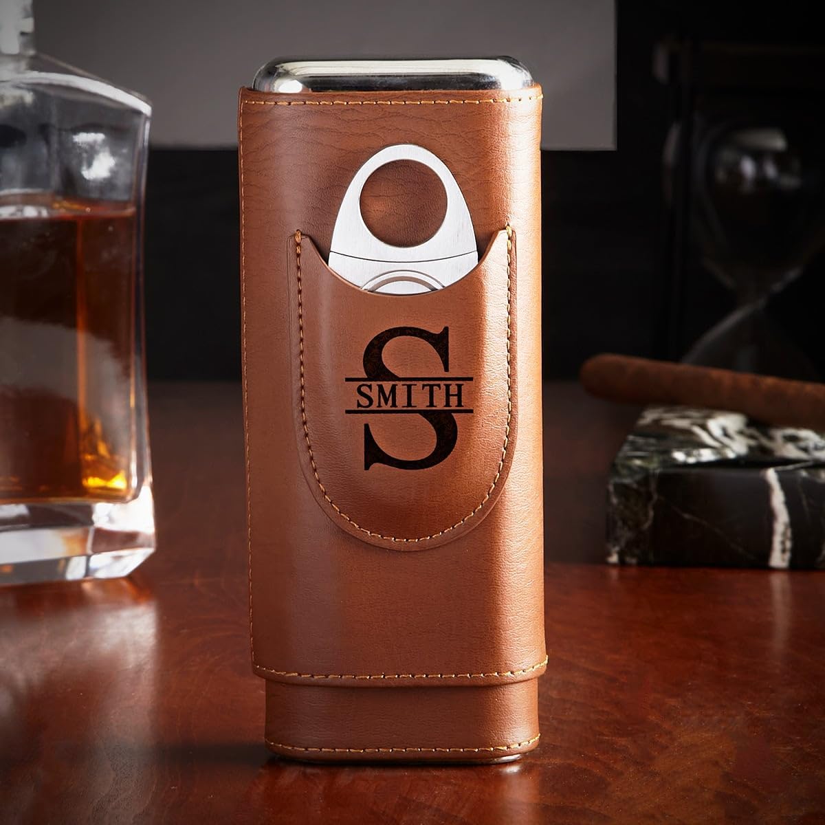 Custom Leather Cigar Travel Case - Richmond Cedar Lined Travel Cigar Holder, Brown