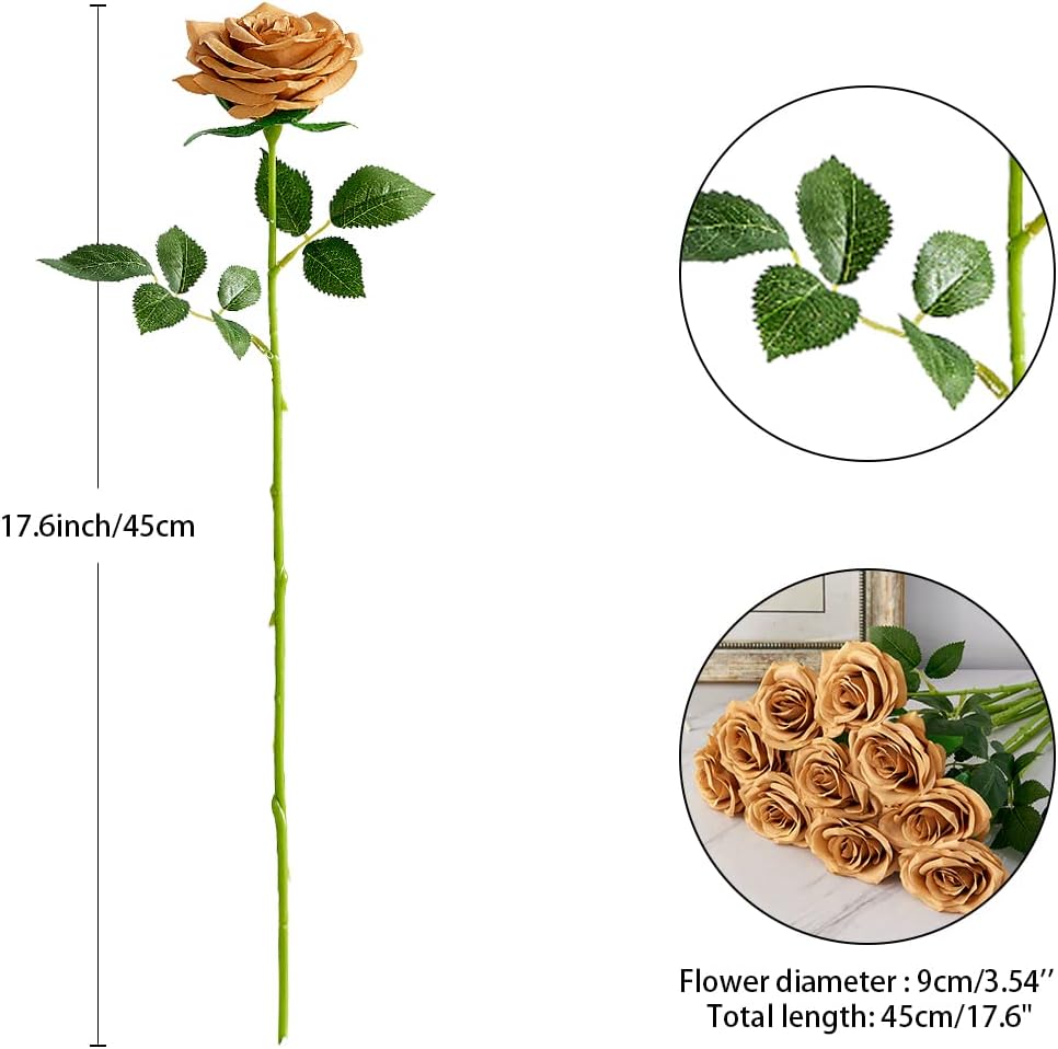 Artificial Rose 10pcs Open Flower Bouquet Faux Rose Stems for Wedding Arrangement, Bridal Bouquet, Centerpiece, Fake Faux Silk Flowers (Toffee) - Image 4