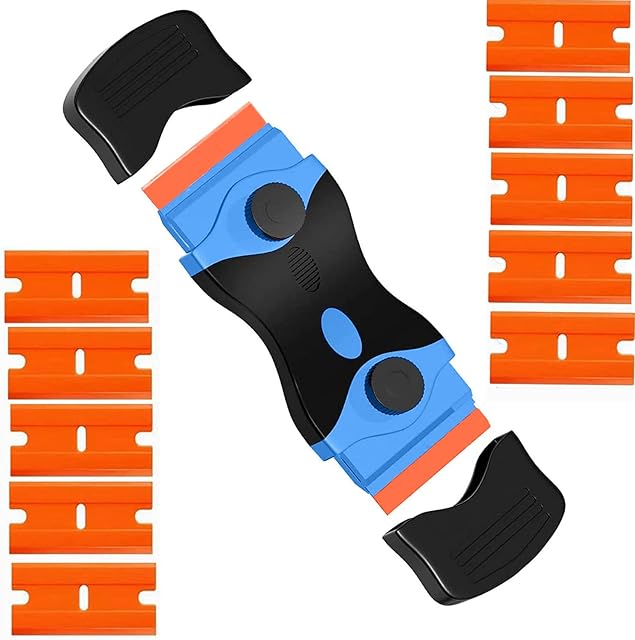 Plastic Scraper Tool, Cleaning Razor Scraper Tool with 10 Plastic Razor Blades Blue Scrapers for Sticker Labels Decals Remover Glass Window Cleaning