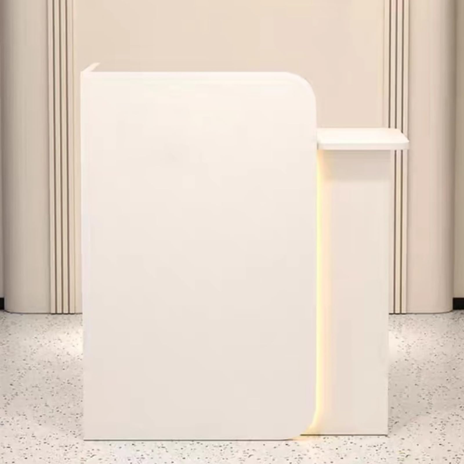 Moderno piccolo banco di ricezione con luci LED, cassetti chiudibili e frontale in legno, elegante banco di vendita al dettaglio per la reception