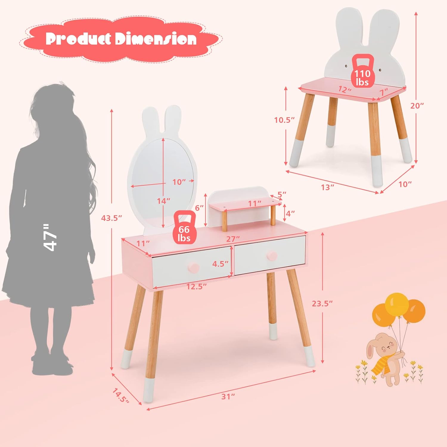 HONEY JOY Kids Vanity, Rabbit Themed Toddler Wooden Makeup Table and Chair Set w/2 Large Drawers, Beech Wood Legs, Princess Dressing Beauty Table, Girls Vanity Set with Mirror and Stool (White)