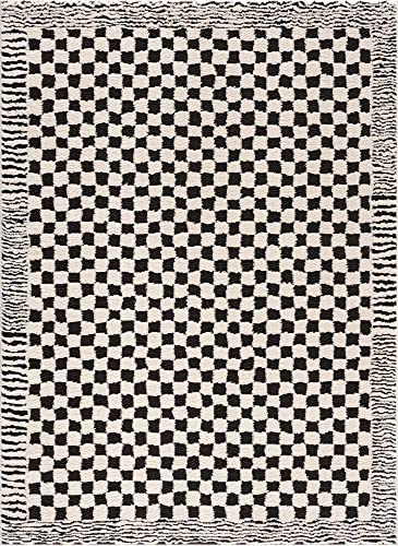 Image of Hauteloom Checker Contemporary Checkered Area Rug - Modern Geometric Bordered Carpet for Living Room, Bedroom - Checkboard Design - Square Tiles - High Pile - Black and White - 6'7 inch x 9' (6x9)