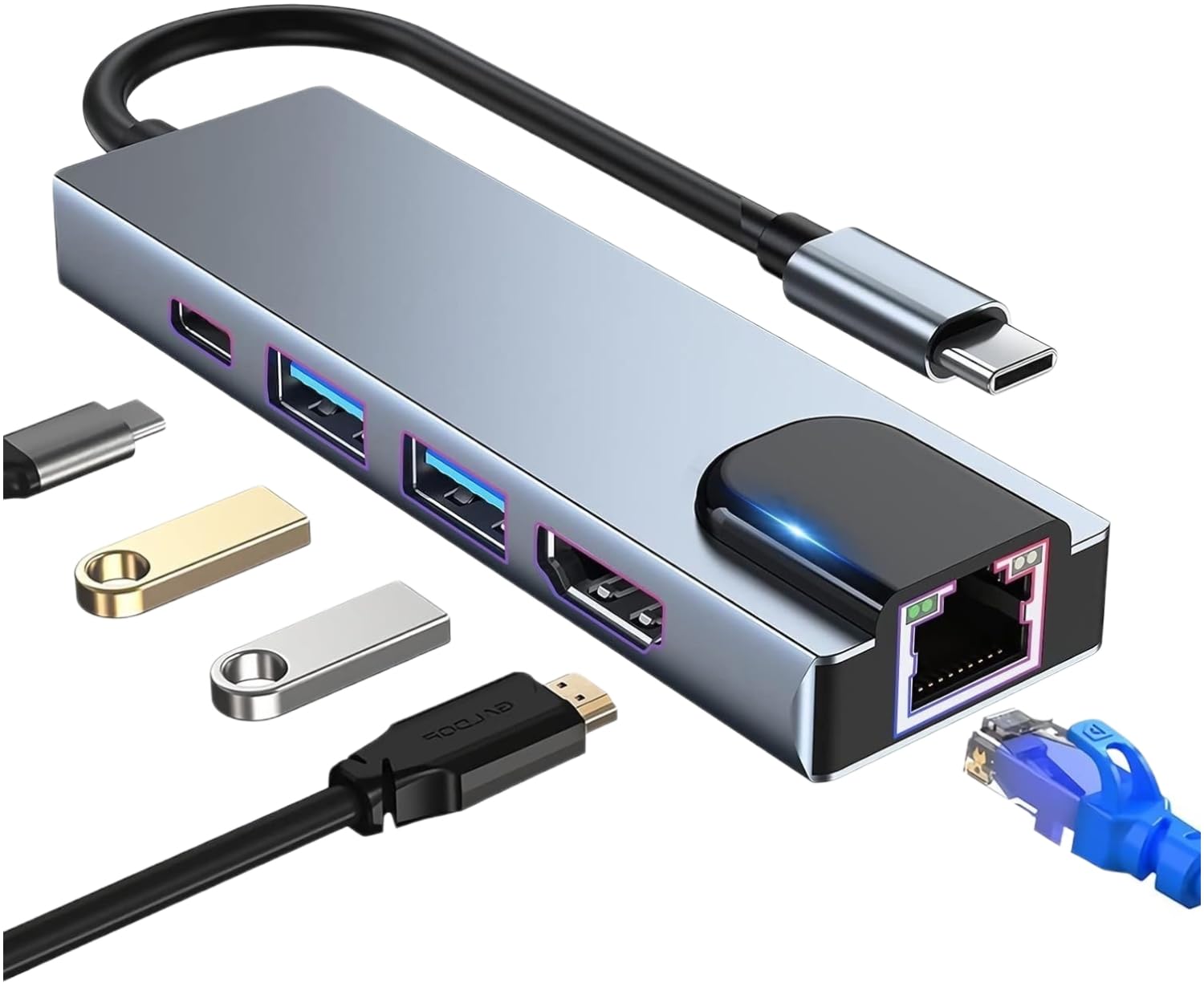 Adaptador HDMI USB C Hub 5 em 1 - Dock Station Multiportos Com USB e HDMI