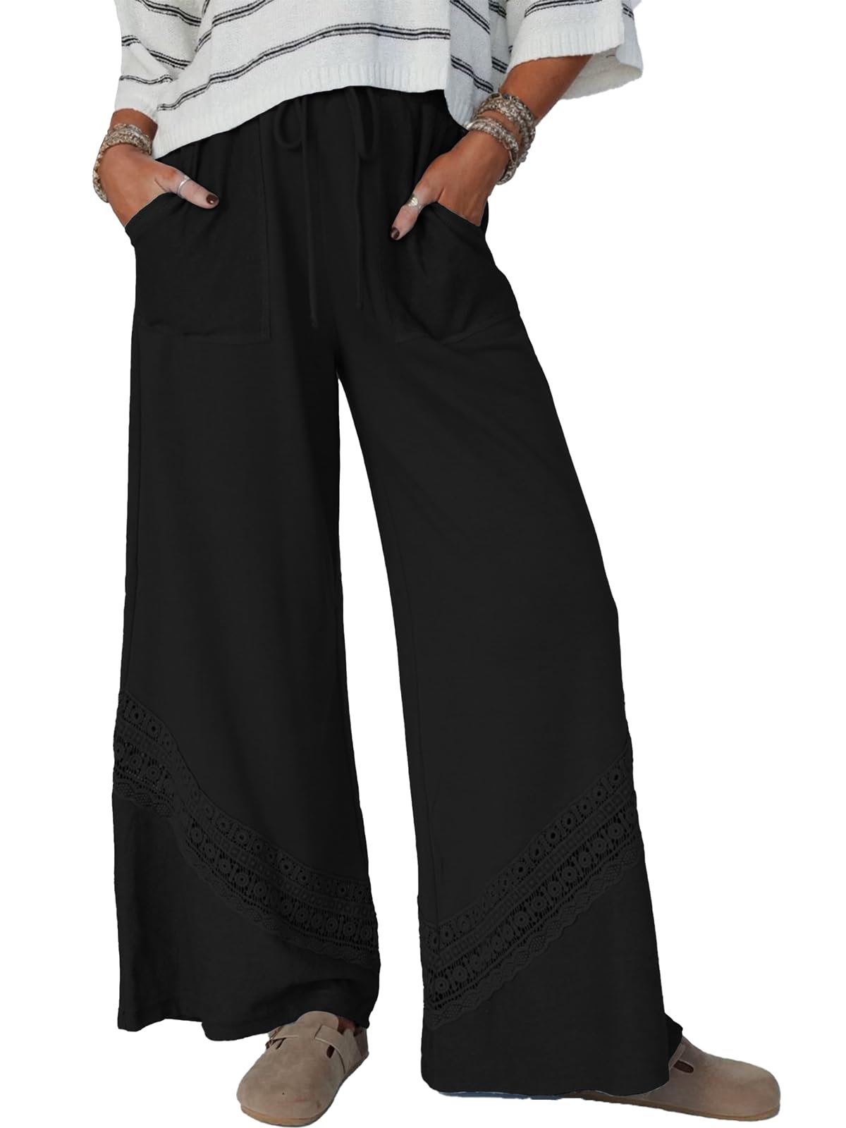 Gnveub Womens Wide Leg Pants High Waisted Palazzo Pants Adjustable Tie Knot Trousers with Pockets