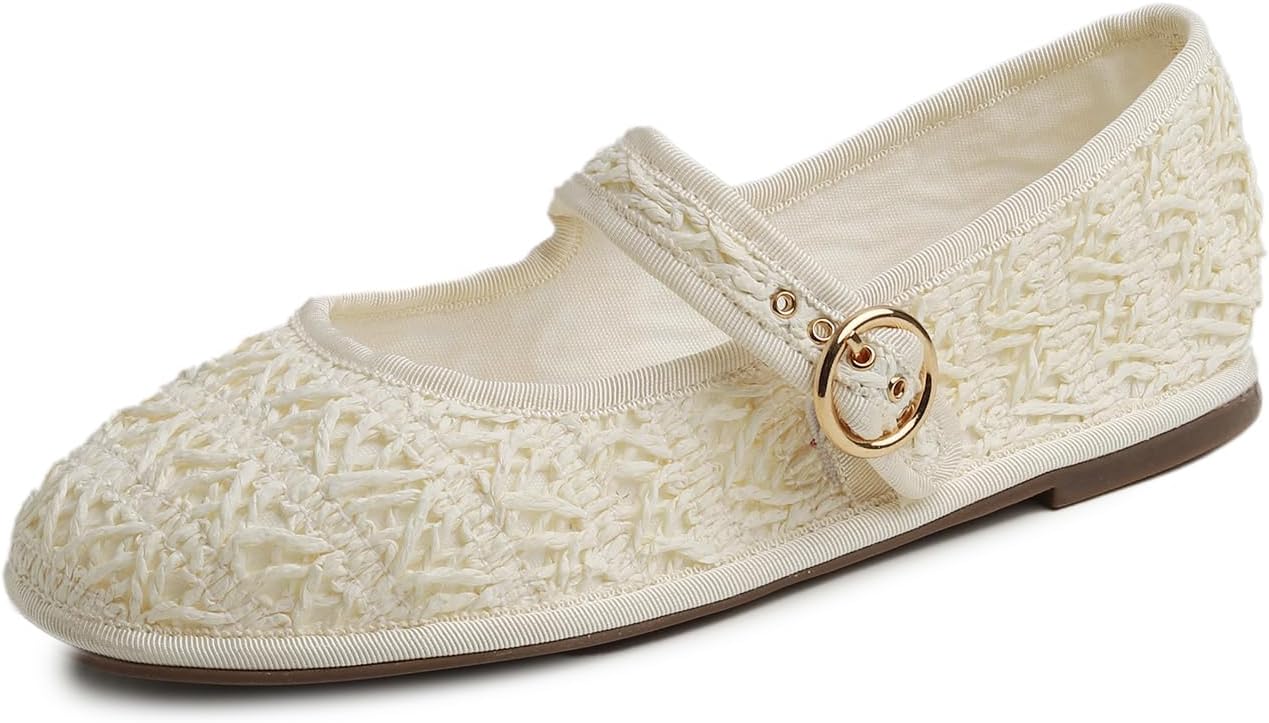 Cream White Raffia Mary Jane With Round Buckle