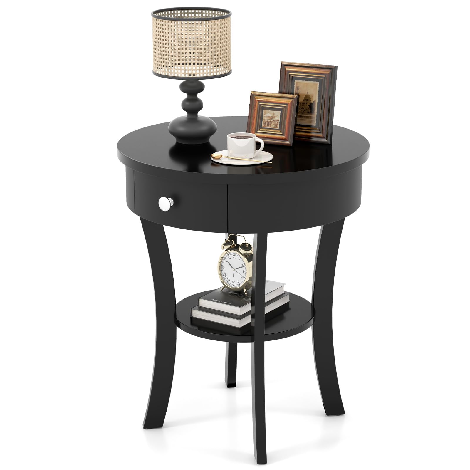 Amazon.com: Giantex Round End Table with Drawer, 2-Tier Wood Side Table ...