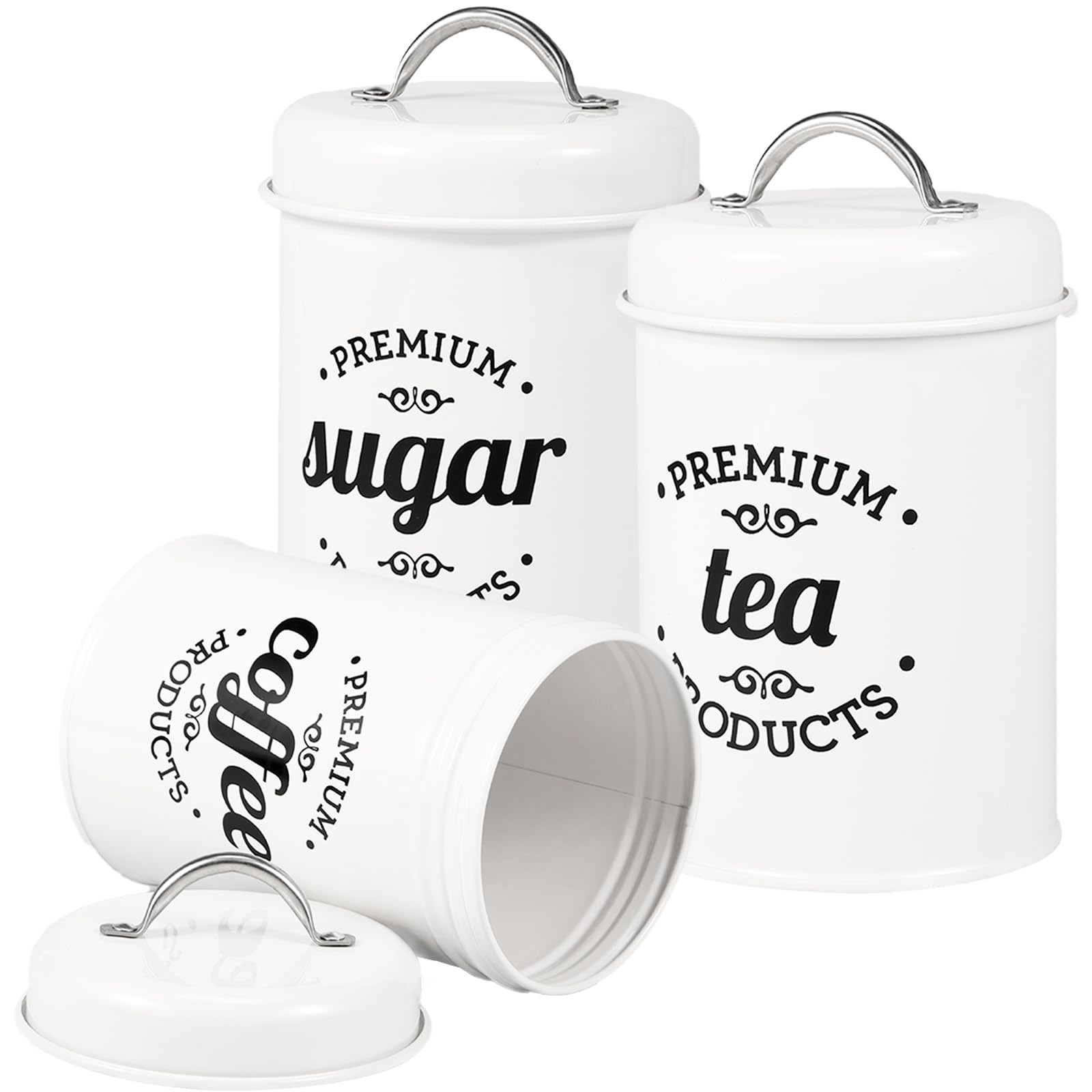 shaojian 3Pcs Tea Coffee Sugar Canisters Set 1000ML Metal Vintage Tea and Coffee Canisters Set with Airtight Lid and Name Marker Cylindrical Food Storage Container for Farmhouse Decor (set 3)
