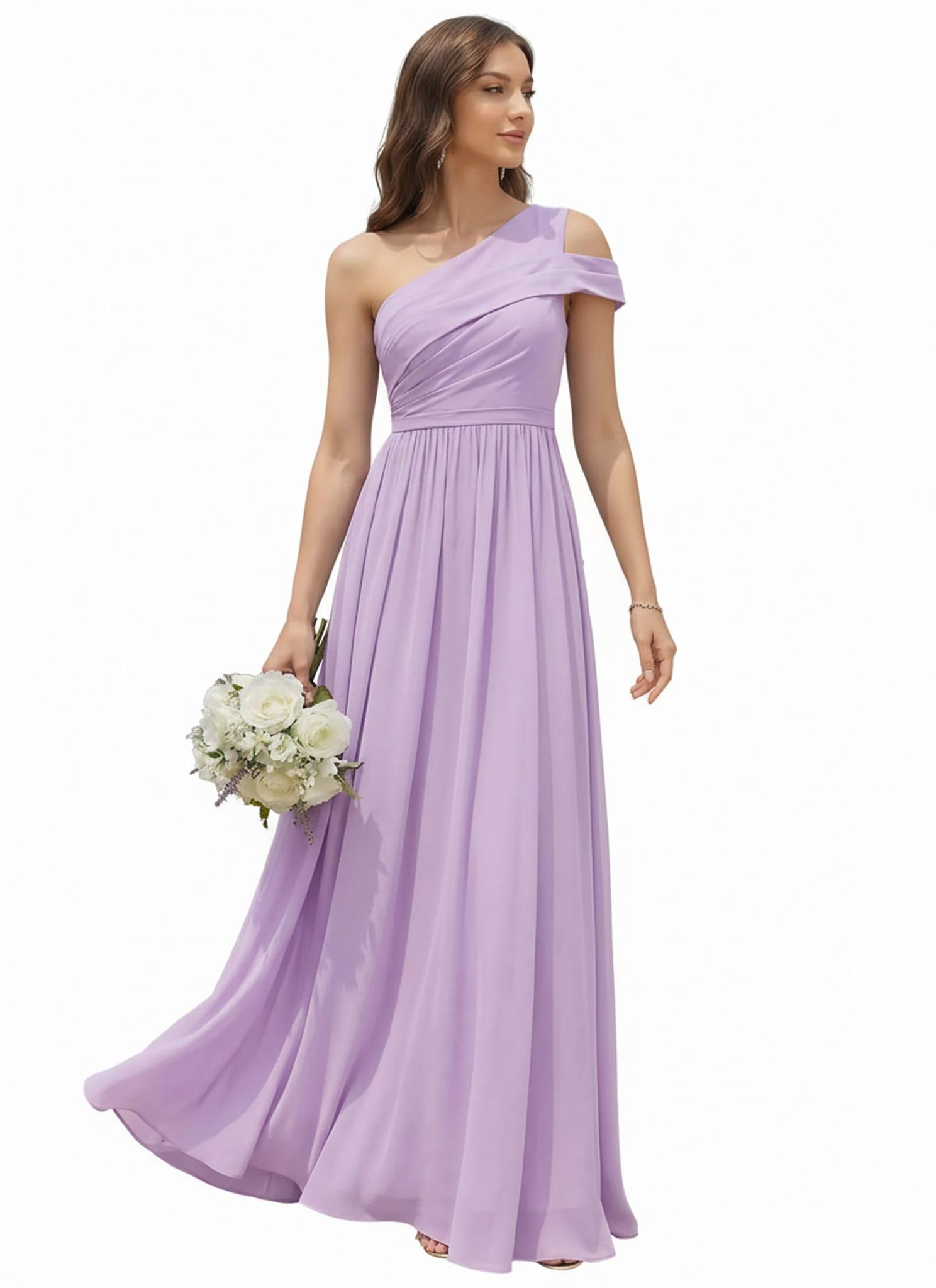 Ever-Pretty Robes de Demoiselle d'honneur Col Asymétrique Manches Courtes Mousseline Maxi Robe évasée ES02705