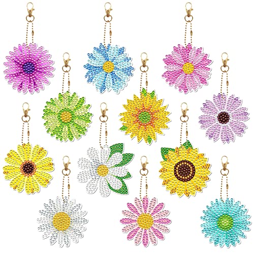 Gukasxi 12 Pièces 5D DIY Porte-clés de Peinture Diamant, double face fleur diamant Art Peinture Porte-clés, diamant strass mosaïque peinture porte - clés,...