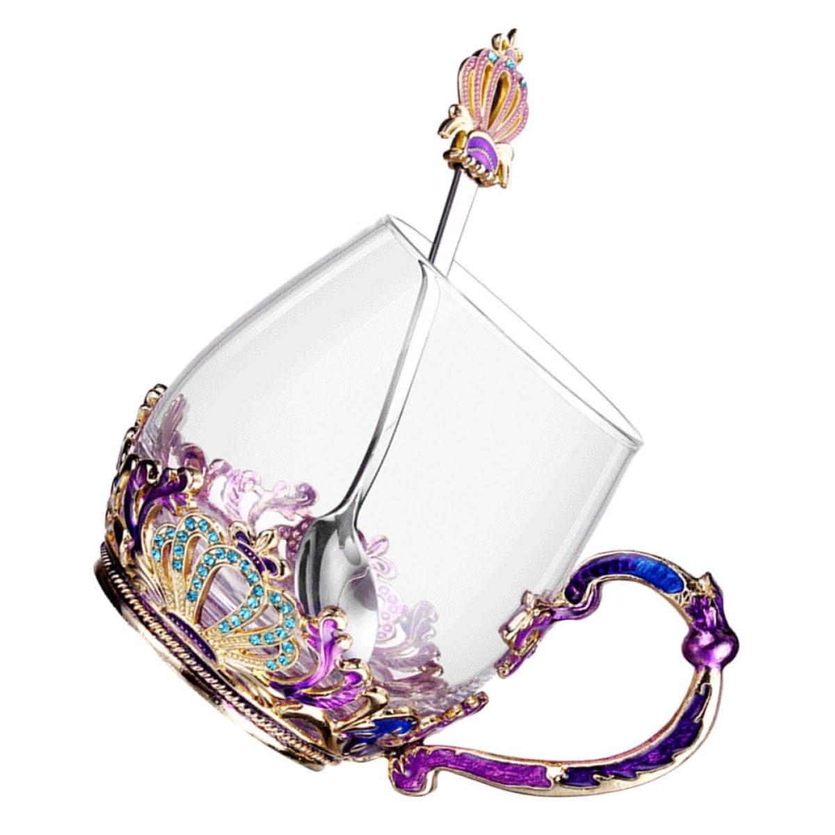 jojofuny Taza de Vidrio con Diseño Ergonómico y Resistente al Frío y Calor, Copa para Beber con Cuchara Incluida, Estilo Único Adecuado para Té y Jugos Color Aleatorio
