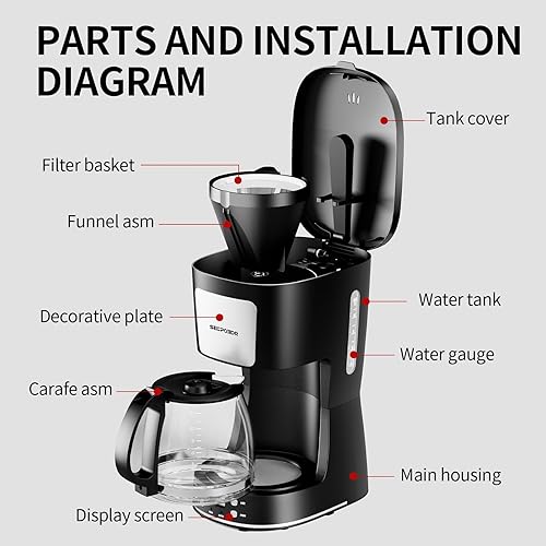 Miniatura 9 de Cafetera de goteo de 12 tazas con filtro reutilizable, reloj programable, preparación automática, ventana de agua, mantiene la placa caliente, jarra