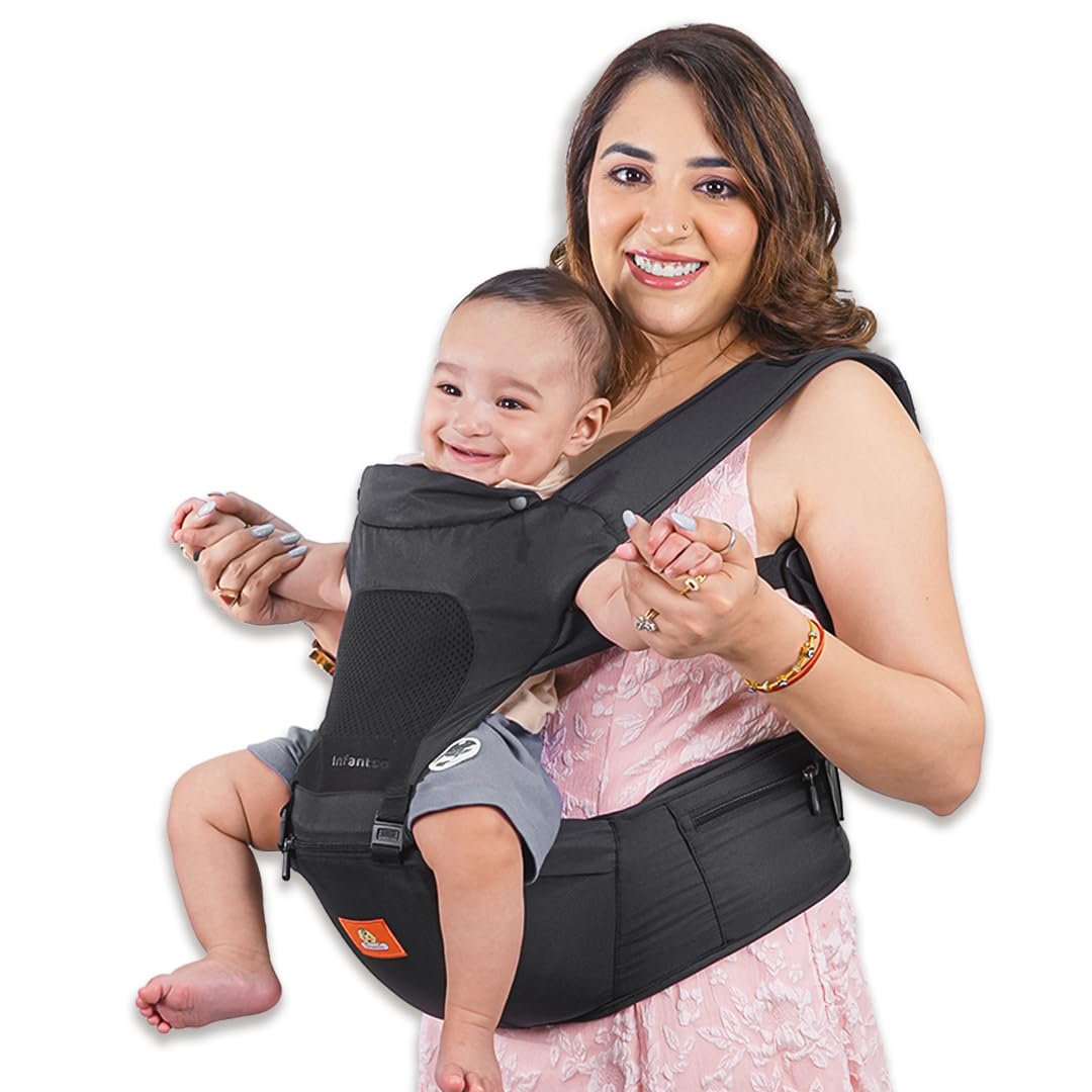Infantso Baby Hip Seat Carrier – Ergonomic Lightweight Kangaroo Style Hip Seat for New Born & Toddlers, 4‑Way Adjustable Carry Positions, 100 % Cotton Baby Carrier for 0 to 3 Year, Up to 15 kg