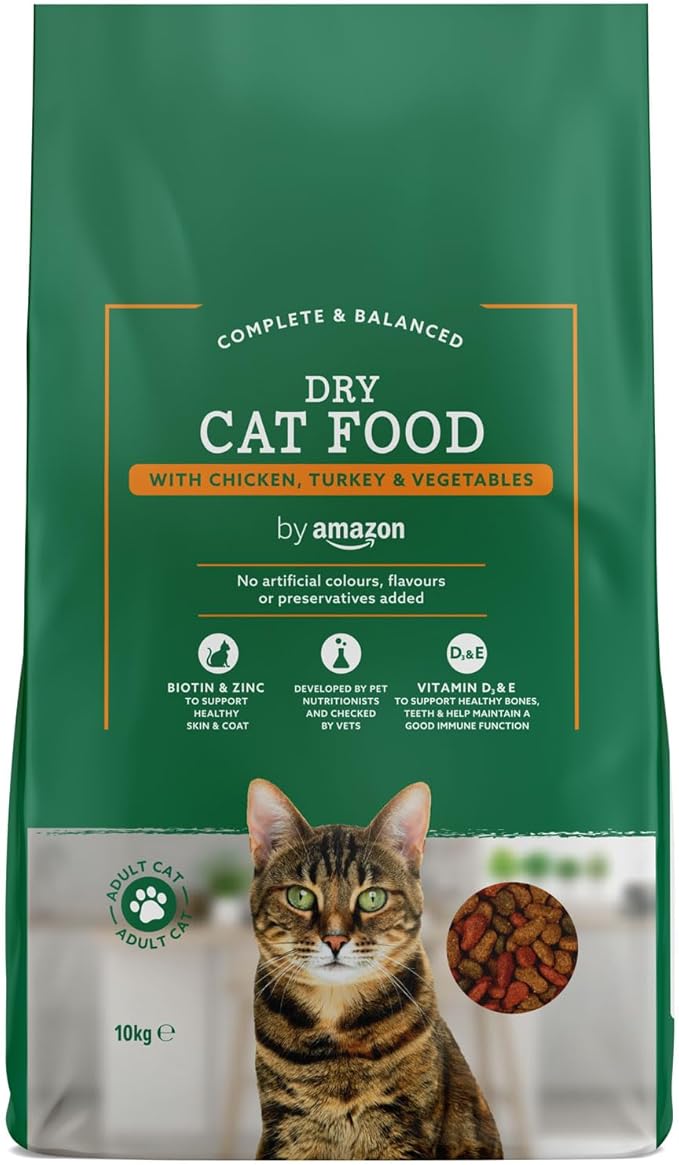 by Amazon - Croquettes complètes pour chats adultes, au poulet, dinde et légumes, 10kg, lot de 1