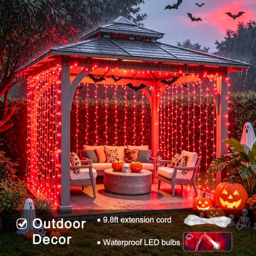 Image of JMEXSUSS 300LED Red Curtain Lights for Halloween Christmas Decor, 9.8x9.8ft | Plug in, with Remote, Twinkle Hanging String Lights for Bedroom Window Valentine's Day Wedding Proposal Party Holiday Decor