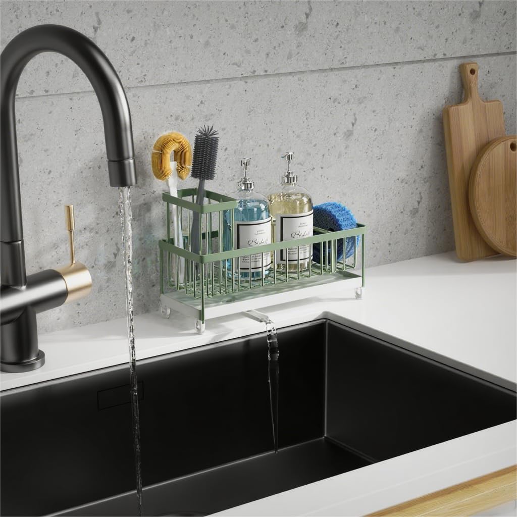 Moforoco Extra Large Sponge Holder for Kitchen Sink Organizer Caddy, Dish Brush Scrubber Holder,Stainless Steel Sink Box Utensil Holder,Soap Dispenser Set Tray Counter Accessories(Sage Green ) - Image 5