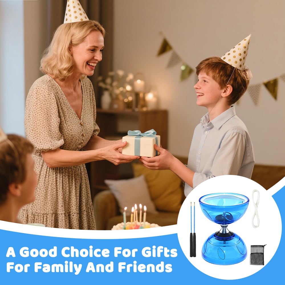 LED Diabolo mit Kugellager, LED Diabolo Freiläufer Blinkendes Dreifache, Lagerung Set mit Ersatzseil 10m, Profi-Stange, Netzbeutel, Licht D-iabolo für Kinder, Erwachsene, Anfänger und Profis