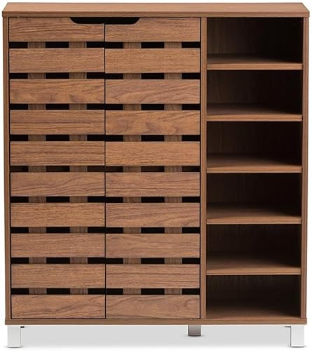 Miniatura 4 de BOWERY HILL Zapatero moderno y contemporáneo de madera de haya de 2 puertas con estantes abiertos, nogal