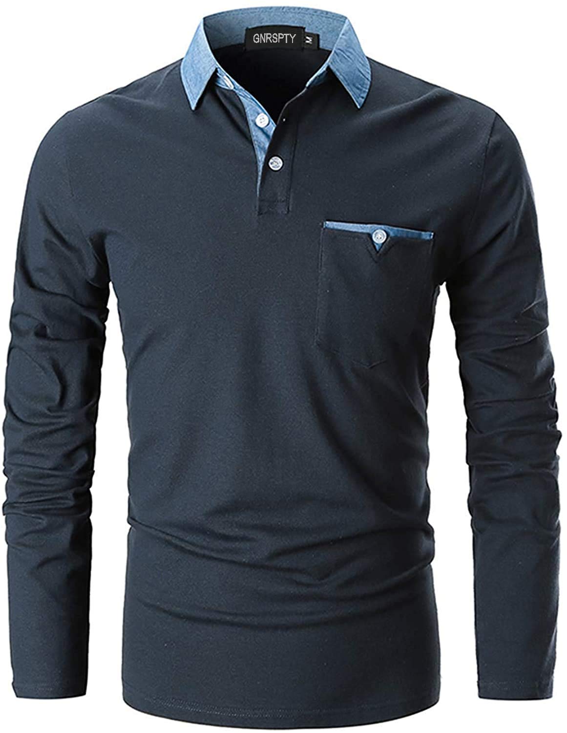 GNRSPTY Polo Manica Lunga Uomo Maglietta Denim Collare Maglia Elegante Cotone T-Shirt Golf Tennis Lavoro Camicia