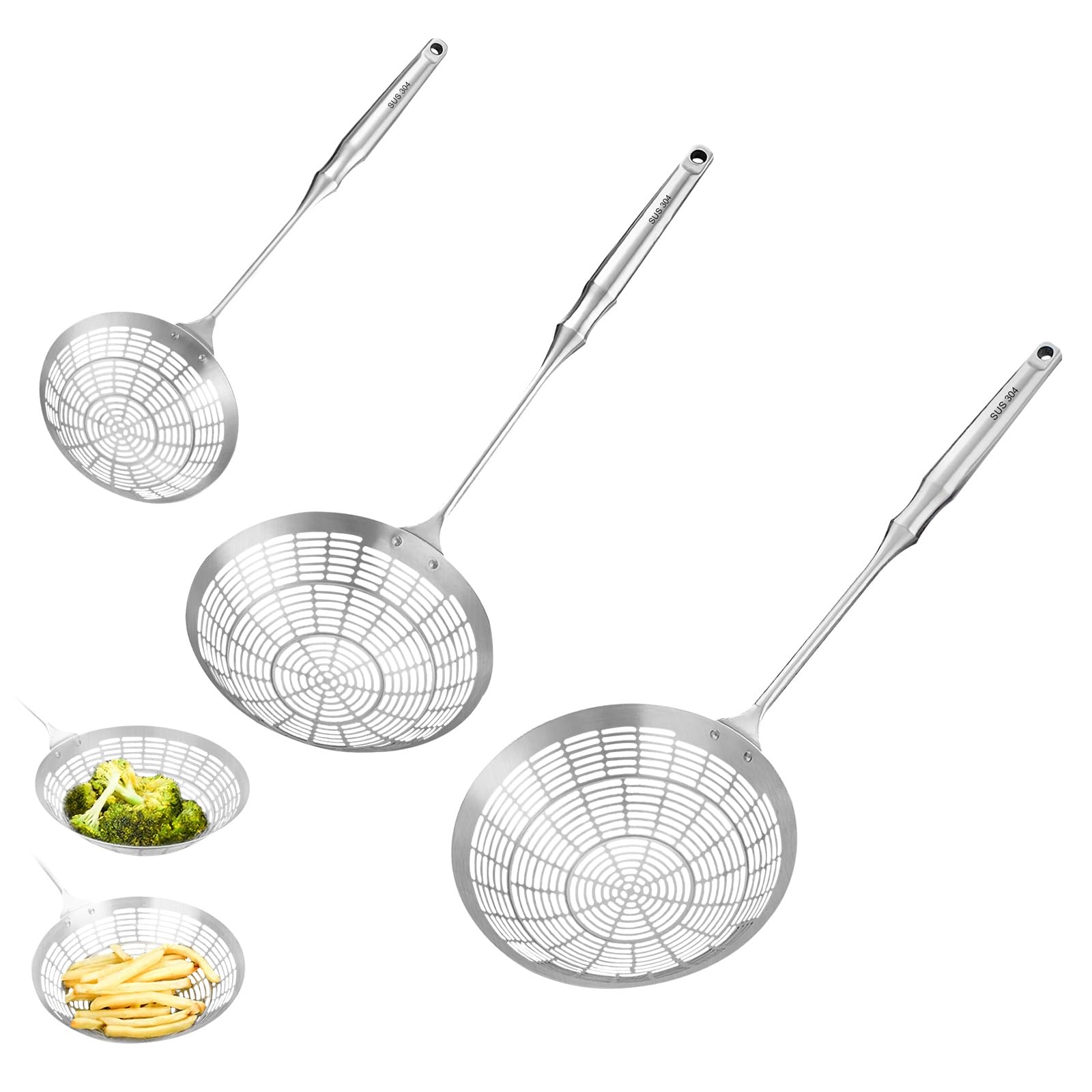 Upgraded Stainless Steel Spider Strainer Skimmer Ladle for Cooking and Roasting Kitchen Utensils Wire Strainer Pasta Spoon (S+M+L)
