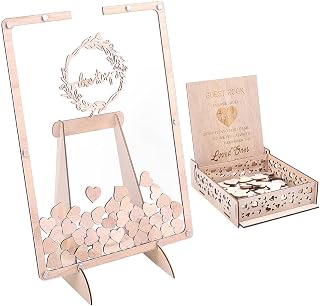 FINGERINSPIRE Wooden Wedding Guest Book Alternative with Guest Sign-in Box Rustic Heart Drop Guest Book with Frame Stand and 80 Heart Chips Wedding Decor for Reception Anniversary Keepsake