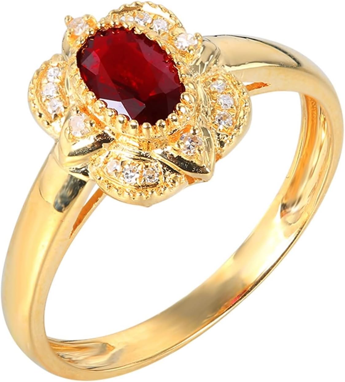 Womens Engagement Ring 9 ct / 14 ct / 18 ct Yellow Gold, Flower and Oval with 0.5ct Created Ruby and Moissanite, Ring Gold Red Women