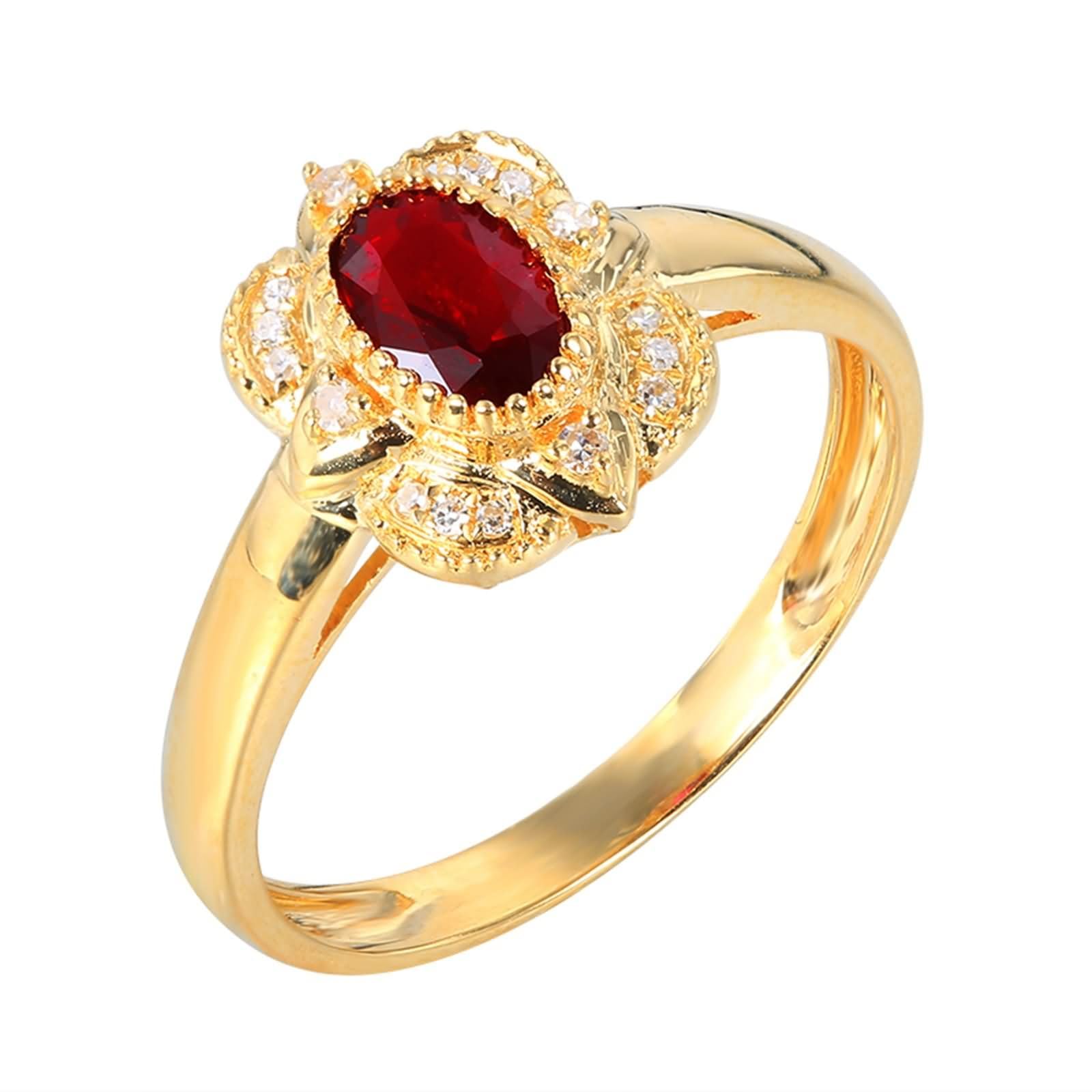 Beydodo Anillos Mujer Oro Amarillo 9 14 18 Kilates de Compromiso con Flor y Oval con Rubí Creado de 0.5ct y Moissanita, Anillo de Boda Oro Rojo de Matrimonio Mujer