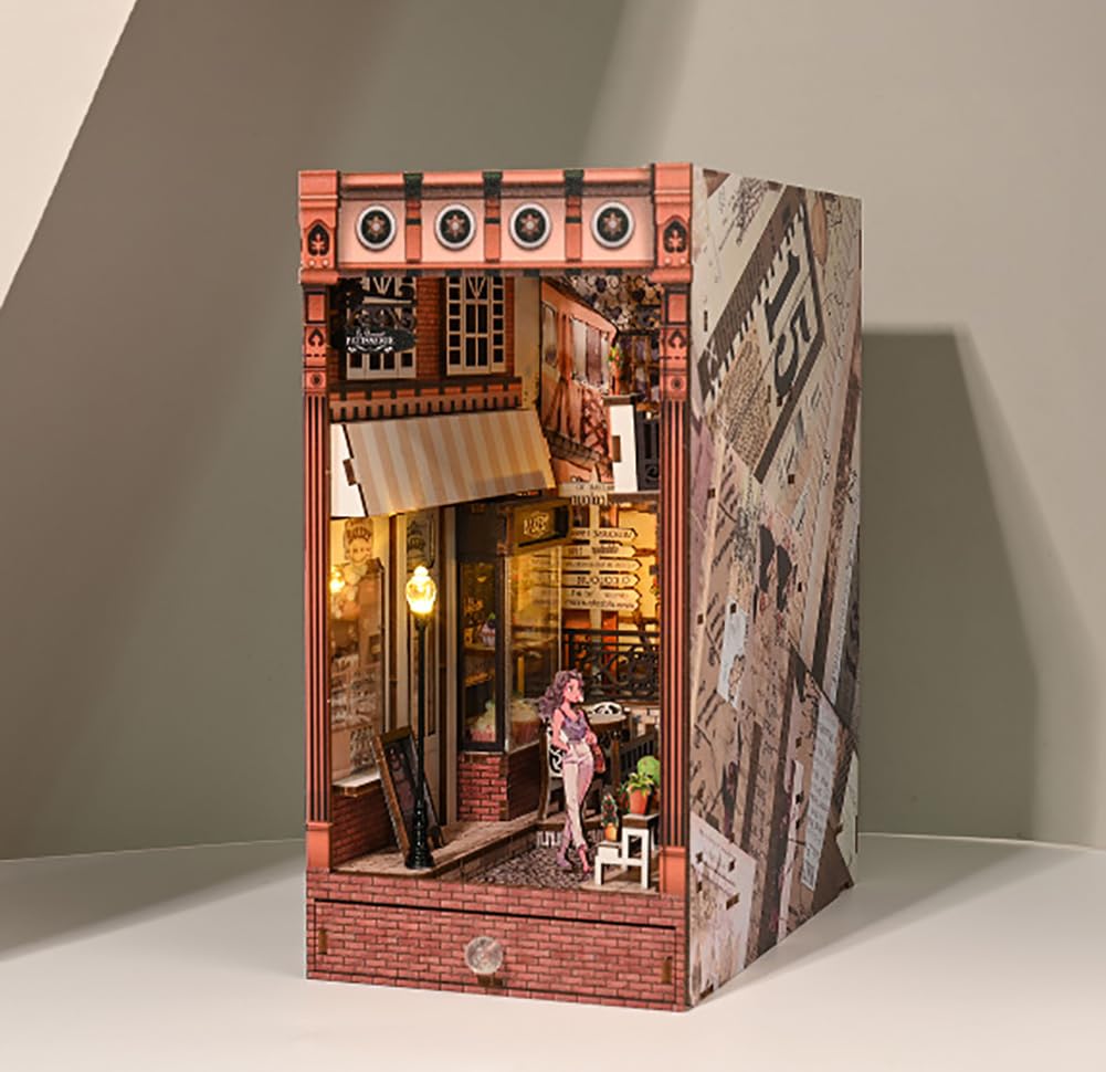 TOPBSFARNY Book Nook Kit - 3D Wooden Bookend Puzzle Miniature Book Nooks for Bookshelves, DIY Book Nook Kits with Dust Cover and LED Light for Adults and Teens (SL11)