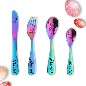 Personalized Easter Bunny Cutlery Set of 4, Laser Engraved Custom Name Engraved Spoon Knife Fork Set, Childrens Stainless Steel Cutlery Set for Kitchen Gift for Children, Kids Easter Gift, Easter Egg