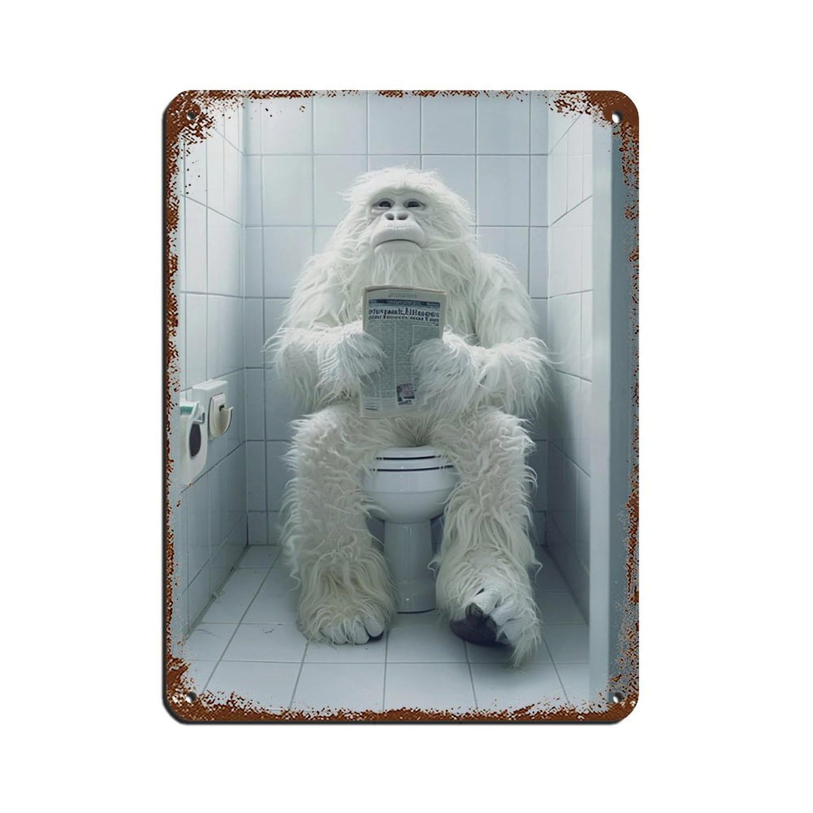 Yeti Sitting on The Toilet Reading A Newspaper (4) Tin Sign Vintage Metal Pub Club Cafe Bar Home Wall Art Decoration Poster Retro 12x16inch(30x40cm)