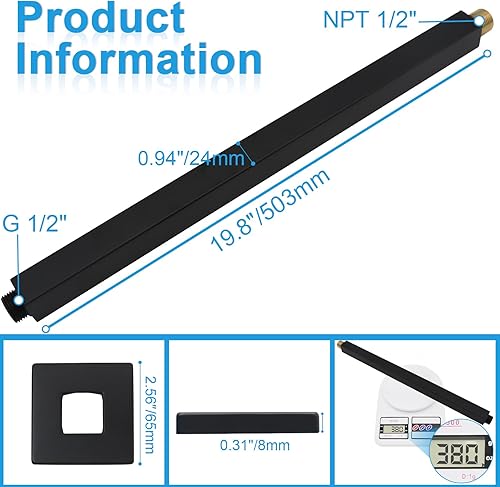 Miniatura 9 de Brazo de ducha con brida de 24 pulgadas para montaje en techo, extensor recto cuadrado de repuesto de tubería, brazo de ducha extra largo para