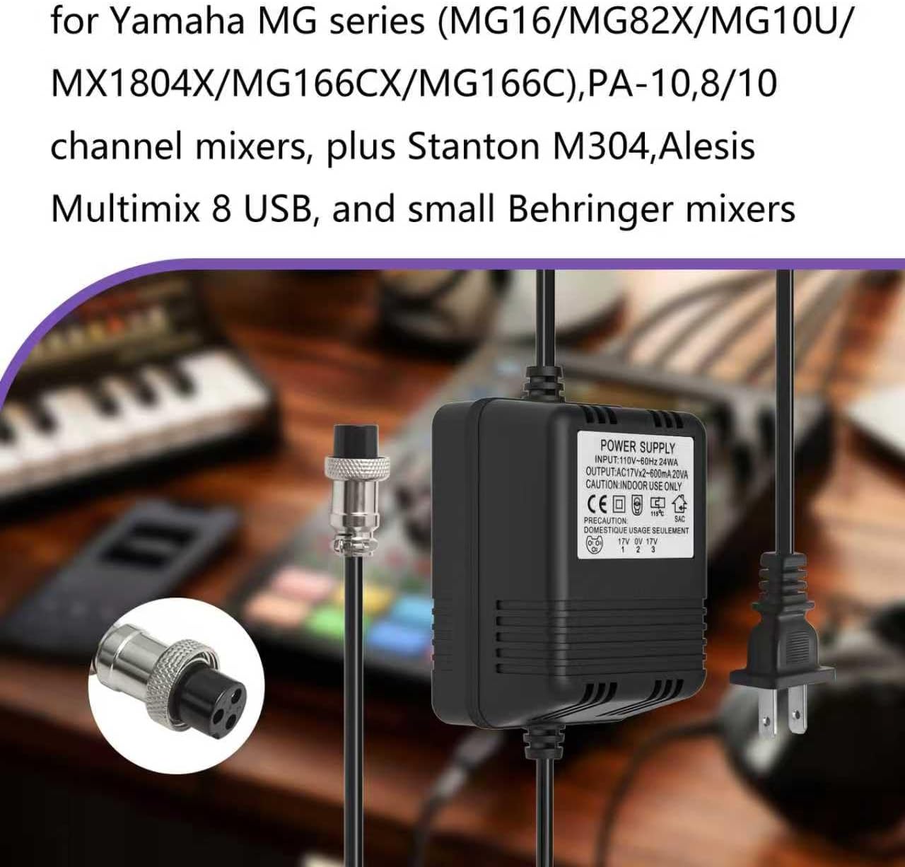 AC 17V 600mA Power Adapter with 3-Pin Connector, for Yamaha MG16/MG82X/MG10U/PA-10, Stanton M304, Alesis Multimix 8 USB, Behringer Mixer Replacement Supply
