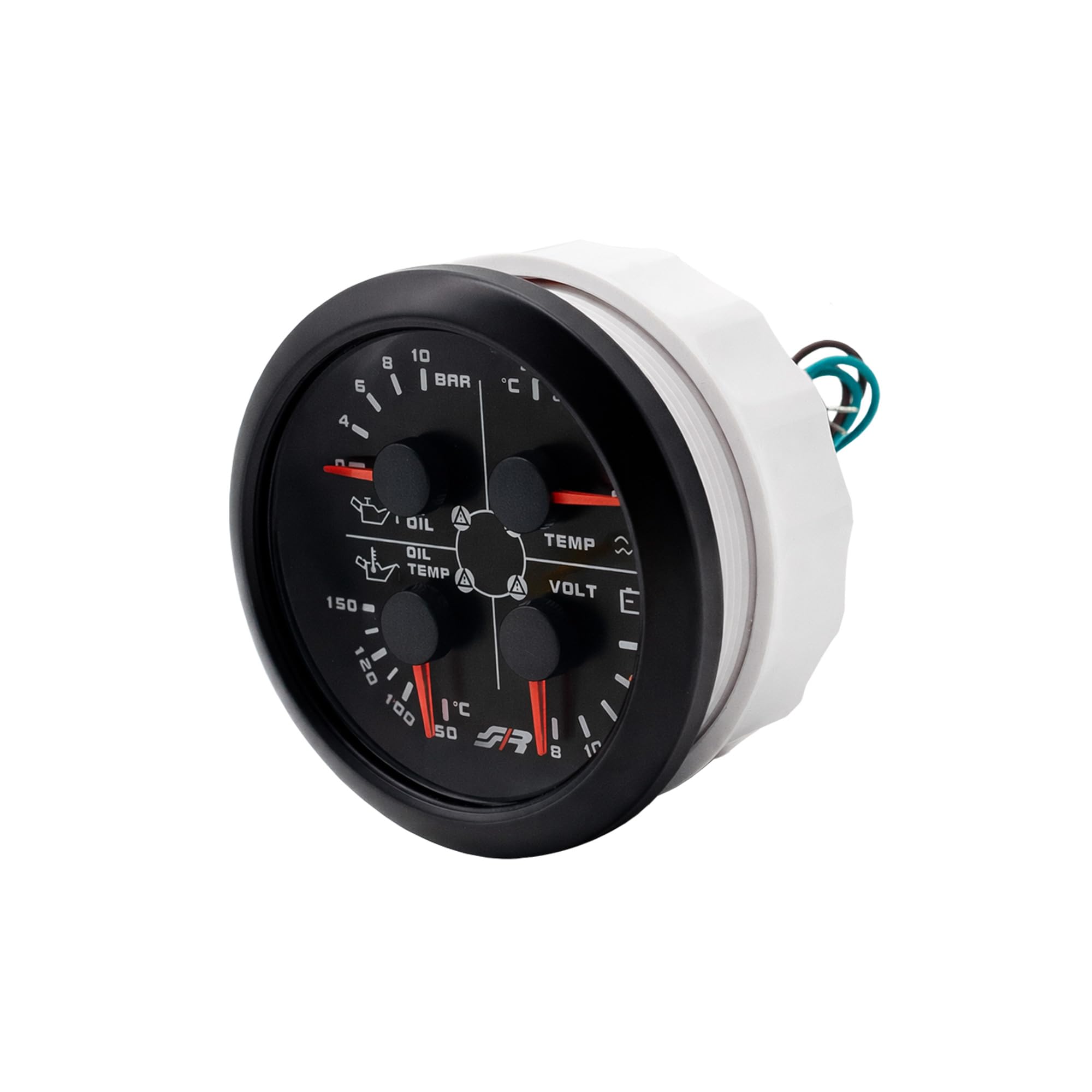 Simoni Racing MF/B Misuratore Multifunzione 4 in 1 da 85 mm (3,3"), Pressione Olio, Temperatura Olio, Temperatura Acqua, Voltmetro, Retroilluminazione Bianca, Spia Warning, Sensori Inclusi