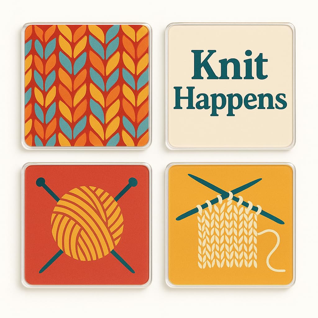 The Plum Penguin Knit Whimsy Set Acrylic Coaster Gift Set Of 4 With Knit Whimsy Design - Quirky Knitting Enthusiast Home Decor For Mum Or Grandma