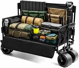 Oasis Craft Foldable Wagon with Seat, Heavy Duty 225kg Capacity Collapsible Utility Cart, All Terrain Beach Wagon with Wide Wheels, Steel Frame Garden Camping Trolley