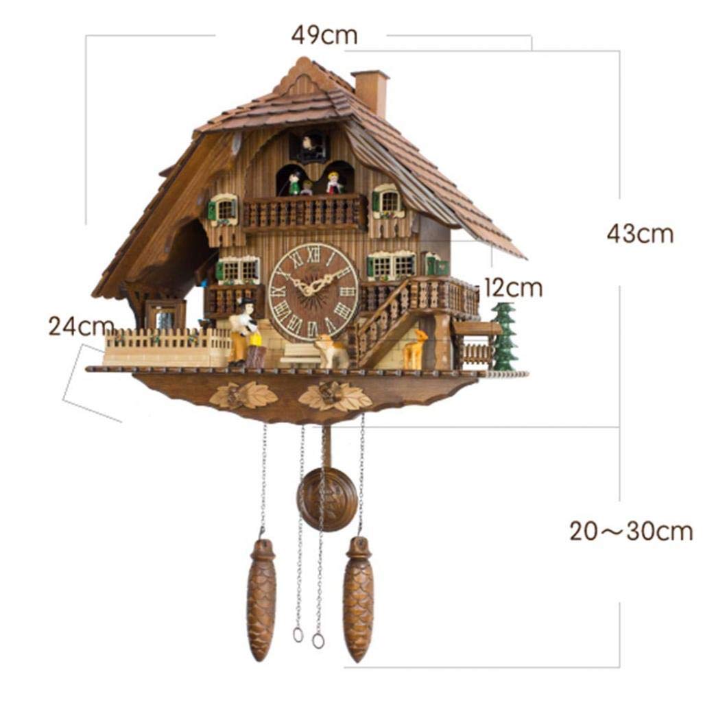 Reloj De Cuco Villa De Madera Maciza Tallada A Mano con Música Y Muñeca Giratoria, Reloj De Pared De Madera De Cuarzo con Volumen Ajustable Y Sensor Nocturno para El Hogar Y La Oficina