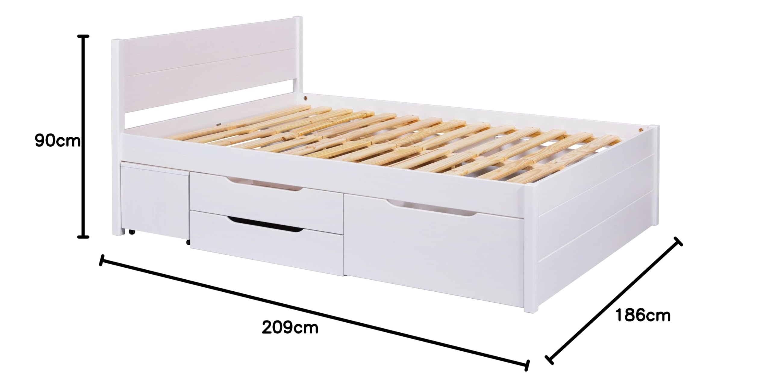 Inter Link - Bett mit Schubladen - Doppelbett 180x200 cm – Kojenbett mit Stauraum – Kiefer massivholz – 4 Schubladen und 2 Schubkasten – Inkl Lattenrost – Weiß lackiert – Efetivo 180x200cm