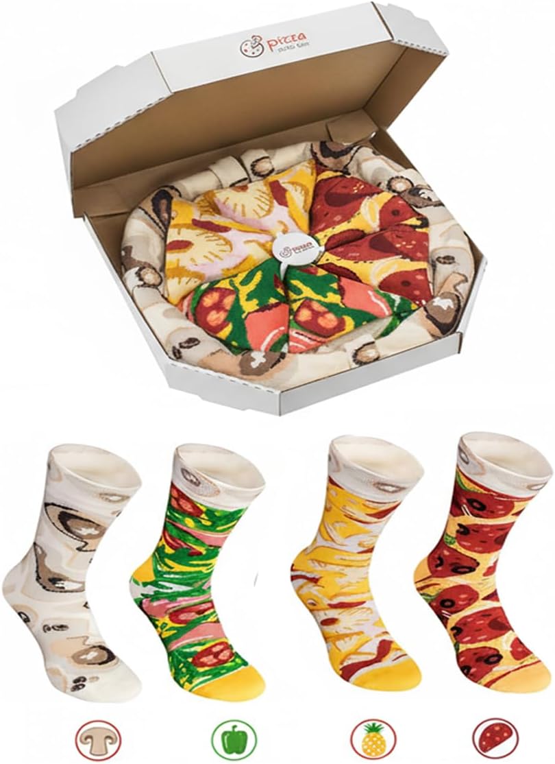 Funny Gift Sock for Men, 4 Pairs Pizza Socks BoxIdeal Set for Gift, Original and Unique, Cool Gadget Cotton Rich Material Gift for Men Adult