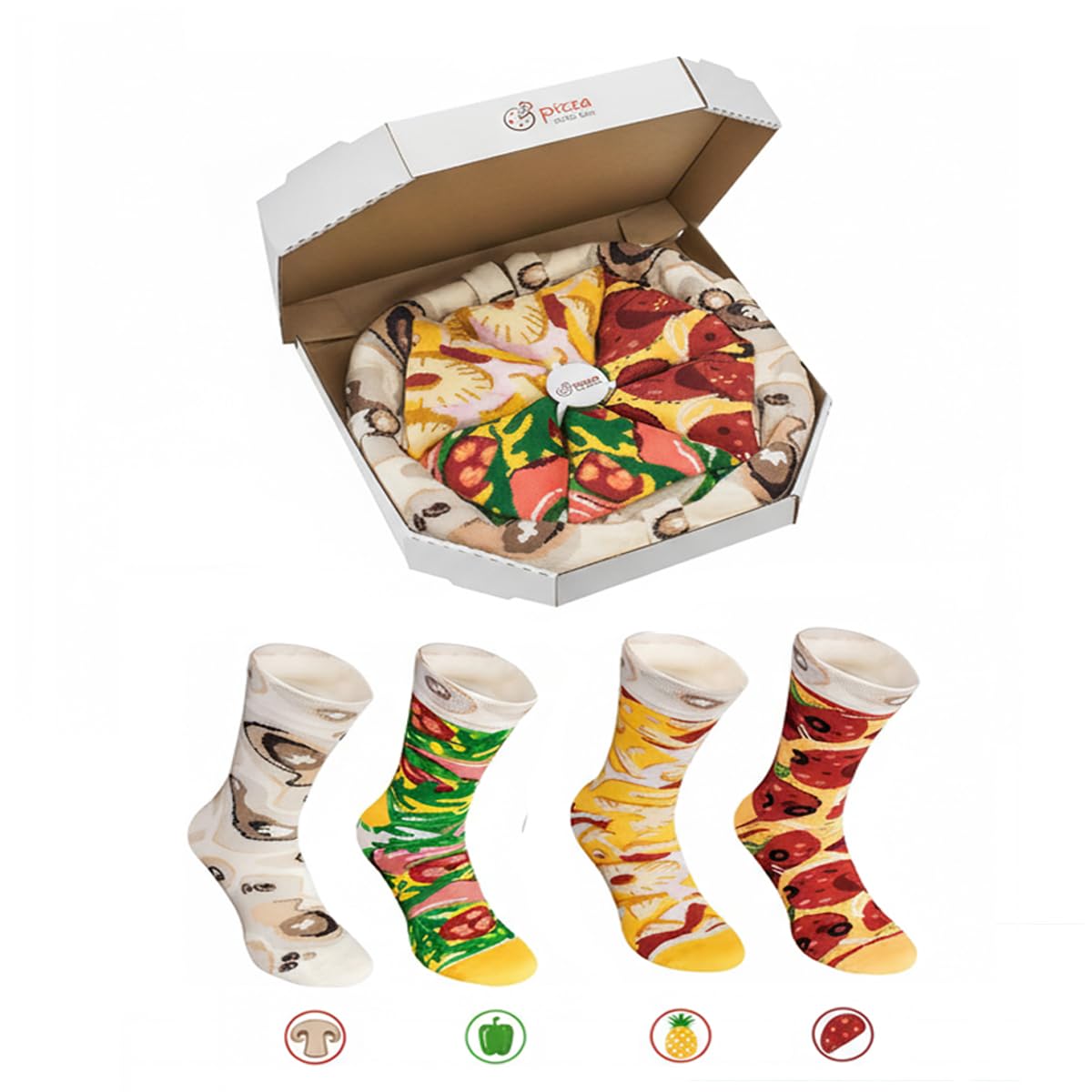 Funny Gift Sock for Men, 4 Pairs Pizza Socks BoxIdeal Set for Gift, Original and Unique, Cool Gadget Cotton Rich Material Gift for Men Adult