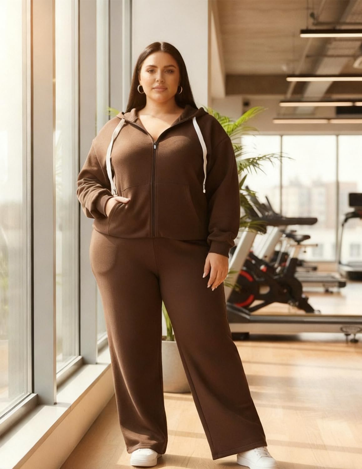 UOUA Plus Size Womens 2 Piece Sweatsuits Outfits Zip Up Jackets & Wide Leg Sweatpants Casual Loungewear Tracksuit Sets - Image 5