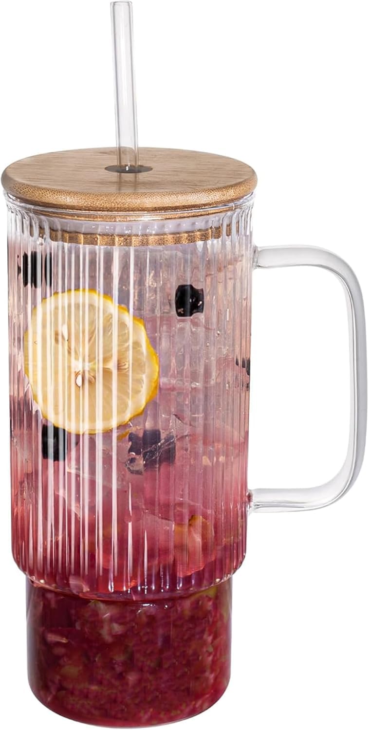 Consou 1000ml Iced Coffee Cup, Clear Glass Tumbler with Lids and Straws, Reusable Drinking Glasses Leakproof Glass Tumblers Ideal for Juice Smoothies Matcha Juice Milk Iced Latte Cocktails