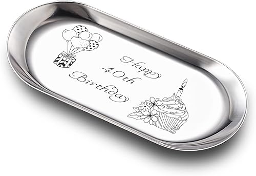 Bandeja de joyería de acero inoxidable para decoración de 40 años, con grabado láser, plato de forma redonda, regalo personalizado para 40