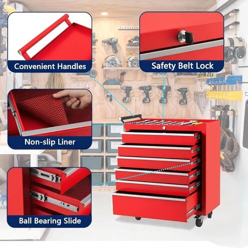 24 Inch 6-Drawer Tool Cart, Red Rolling Tool Chest Made of Sturdy Cold-Rolled Steel, 4 Locking Casters & Central Lock System, Portable Tool Storage for Professional and Home Garage 24in 6 Drawers Red
