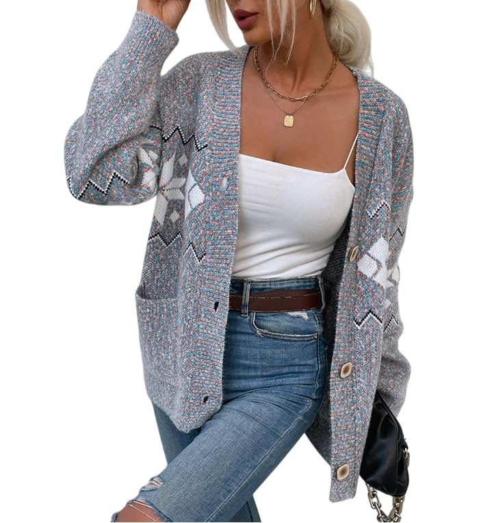 Women Christmas Sweater Fall Winter Fair Isle Snowflake Knit Button Up Long Sleeve Cardigan Winter Holiday Outfit