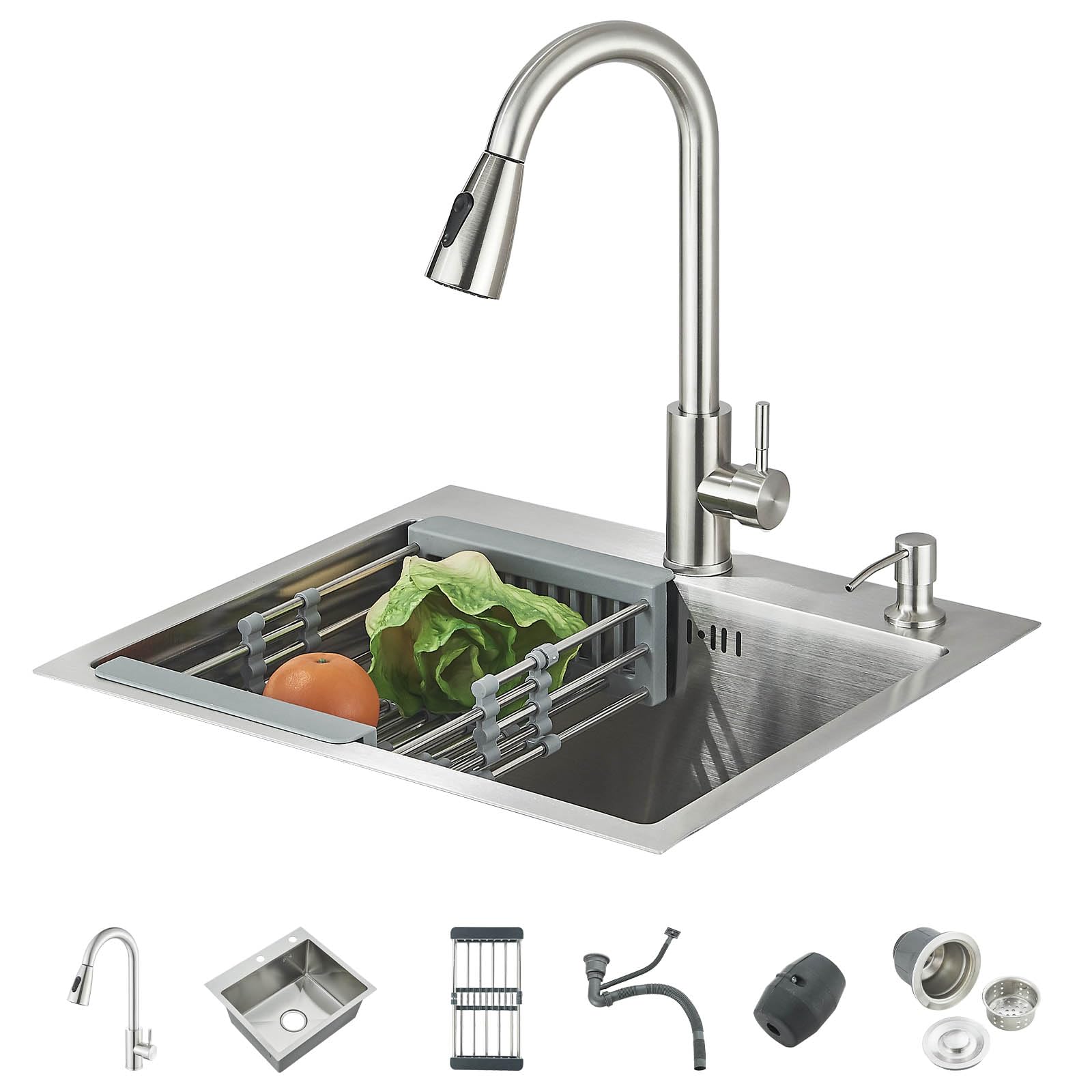 Evier Cuisine 1 Bac 50 * 45CM Acier inoxydable Evier de cuisine avec robinet extensible Distributeur de Savon avec Egouttoir,Brossé